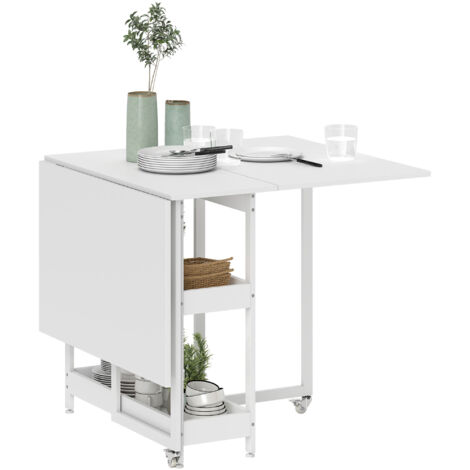 HOMCOM Folding Dining Table, Drop Leaf Table with Open Compartments, White