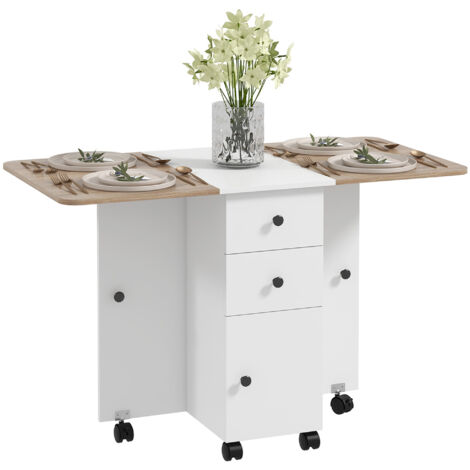 HOMCOM Folding Dining Table, Drop Leaf Table With Storage Drawers Oak and White