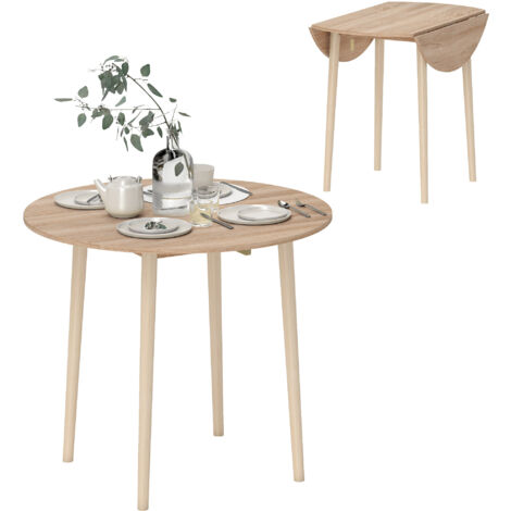 HOMCOM Folding Dining Table for 4, Round Drop Leaf Table, Modern Space Saving Small Kitchen Table with Wood Legs for Dining Room Natural