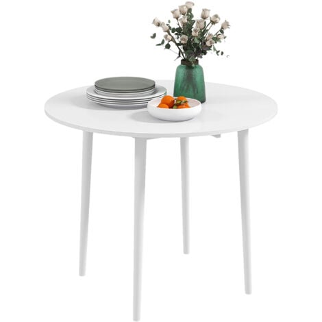 HOMCOM Folding Dining Table for 4, Round Drop Leaf Table, Modern Space Saving Small Kitchen Table with Wood Legs for Dining Room White