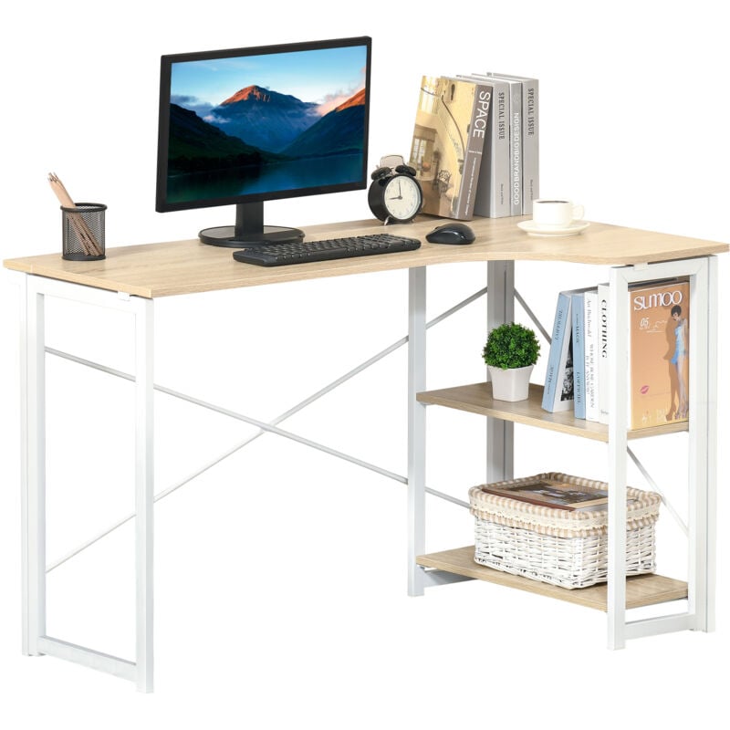 HOMCOM Folding L-Shaped Work Study Desk Corner Home Office w/ Shelves Brown