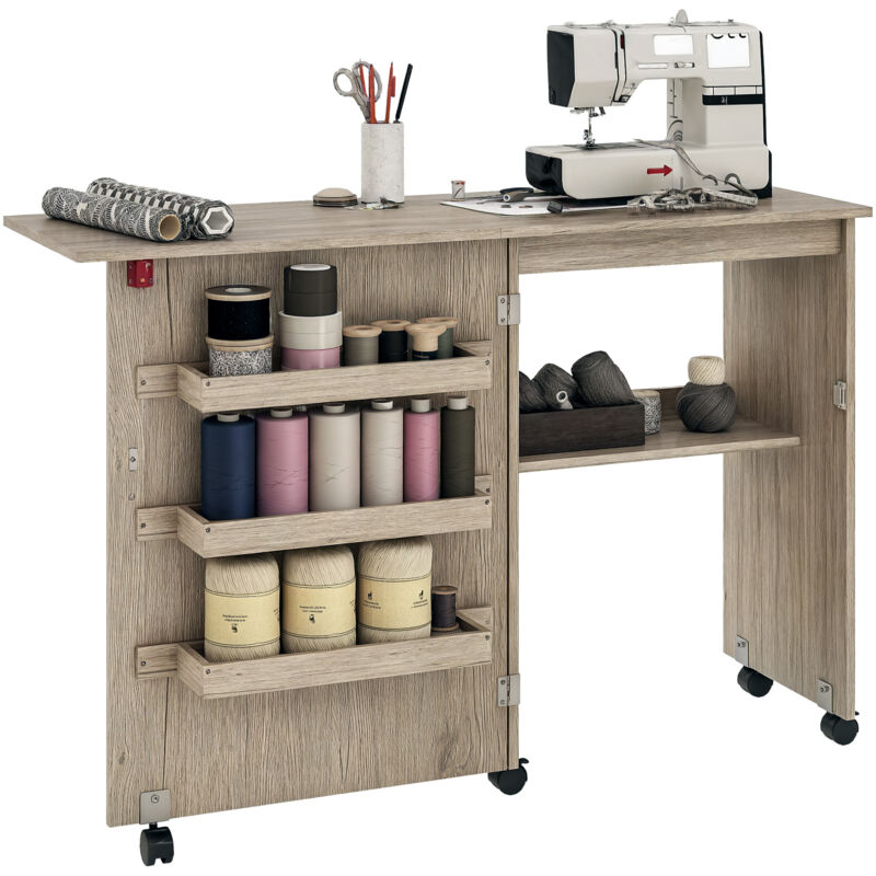 Homcom Folding Sewing Table Rolling Craft Table with Drop Leaf Wheels Grey