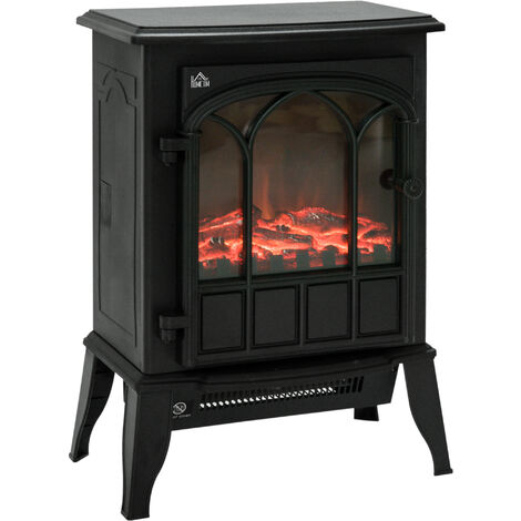 main image of "HOMCOM Freestanding Electric Fireplace Heater Stove Realistic w/ LED Flame Effect 1000W/2000W - Black"