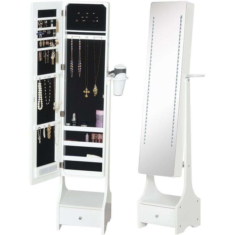 Freestanding Jewellery Storage Mirror Armoire w/ LED Lights Hooks Drawer - Homcom