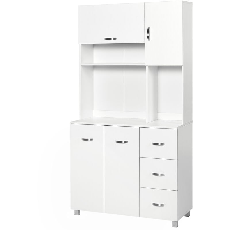 Freestanding Kitchen Storage Unit w/ Cupboard Cabinets Open Compartments Drawers Metal Handles Side Shelf Server Home Organisation Furniture White