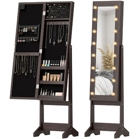 HOMCOM Freestanding LED Mirrored Jewelry Cabinet Dark Brown