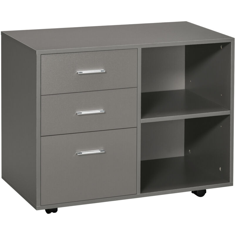 HOMCOM Freestanding Printer Stand Unit Office Desk Side Mobile Storage w/ Wheels 3 Drawers, 2 Open Shelves Modern Style 80L x 40W x 65H cm - Grey