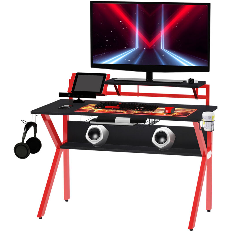 Gaming Desk Computer Table with Cup Holder Headphone Hook, Cable Basket - Homcom