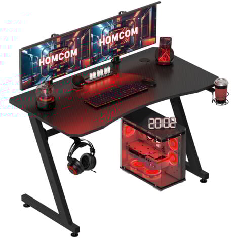 HOMCOM Gaming Desk Steel Frame Cup Headphone Holder Adjustable Feet Black
