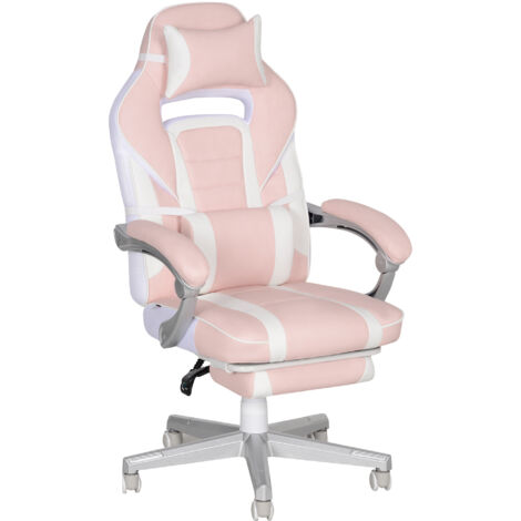 HOMCOM Gamingstuhl mit Fußstütze, höhenverstellbar Schreibtischstuhl mit Kopf- und Lendenkissen, drehbar Gaming Sessel mit neigbare Rückenlehne, Kunstleder, bis 120 kg, Rosa