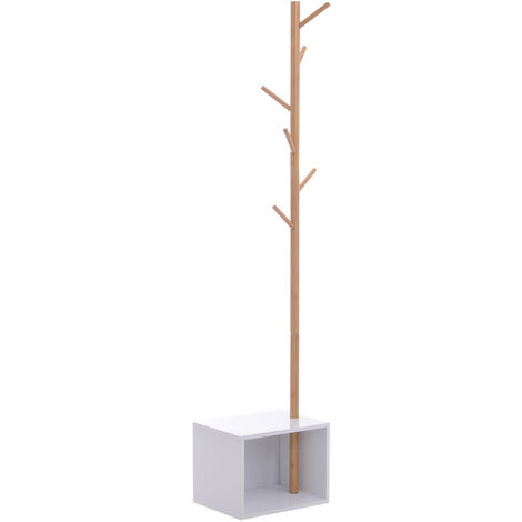 HOMCOM Garderobenständer Kleiderhaken Garderobe mit Sitzbank Stauraum Baum-Design Zweige 6 Haken Bambus Weiß Natur 40 x 30 x 180 cm - Natur