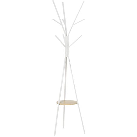 HOMCOM Garderobenständer, Kleiderständer mit 8 Haken, Garderobe mit Ablage, Standgarderob für Kleidung, Hüte, Taschen, Metall, Weiß, 45 x 45 x 180 cm