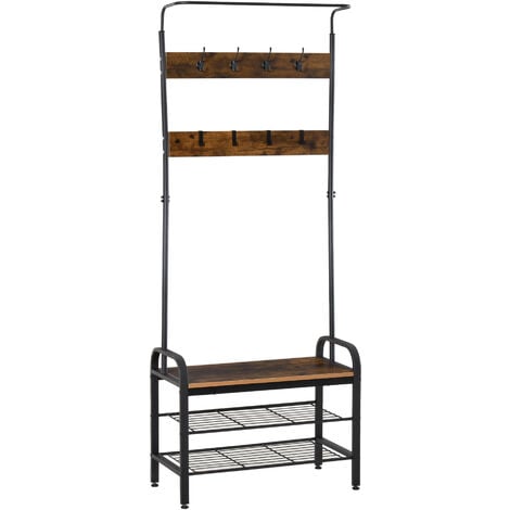HOMCOM Garderobenständer Schuhregal Kleiderständer mit 8 Haken 2 Ablagen MDF Schwarz 72 x 34 x 185 cm