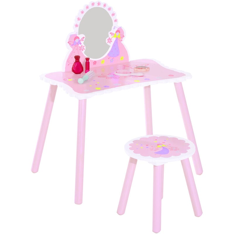 Girls Pink Wooden Kids Dressing Table & Stool Make Up Desk Chair w/ Mirror - Homcom