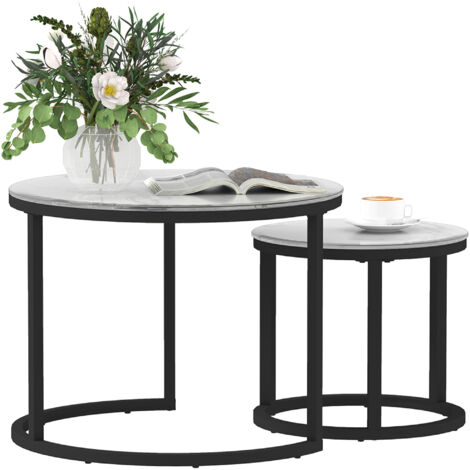 HOMCOM Glass Coffee Table Set of 2, Round Nest of Tables, White