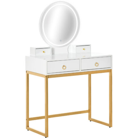 main image of "HOMCOM Gold-Tone Glam Dressing Table Stool LED Mirror Set w/ 4 Drawers Bedroom"