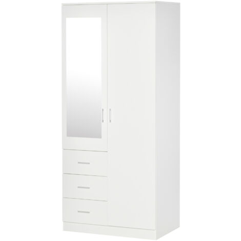 HOMCOM Guardaroba Moderno 2 Ante con 3 Cassetti e Specchio 80x50x180cm Bianco