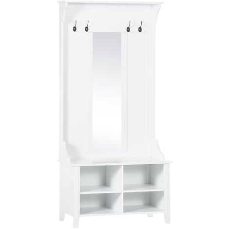 HOMCOM Hallway Furniture Set Shoe Bench Storage Mirror Cabinet w/ 4 Hooks