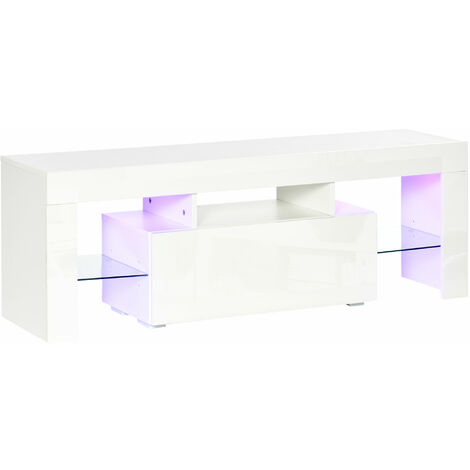 main image of "HOMCOM High Gloss TV Stand Cabinet with LED RGB Lights and Remote Control for 43"/50"/55" TV, Media TV Console Table with Storage Drawer and Shelf, White"