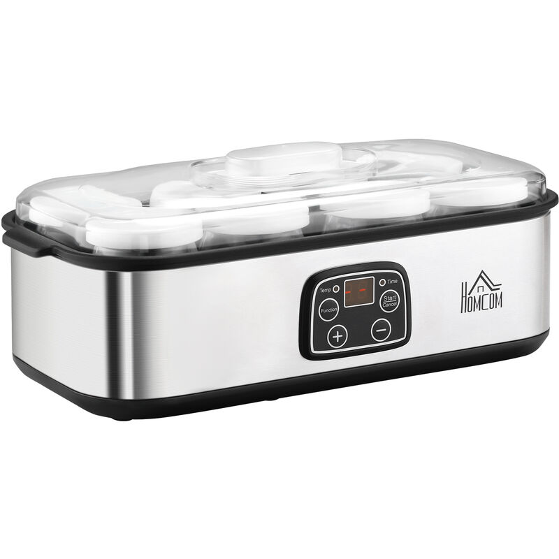 

Yogurtera 30W 1,44L con 8 Tarros de Vidrio de 180 ml Termostato Ajustable Temporizador de 1-48 Horas y Apagado Automático 36x18,8x14 cm - Plata