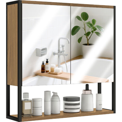 HOMCOM Industrial Bathroom Cabinet with 2 Mirrored Doors Open Shelf, Natural