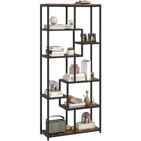 HOMCOM Industrial Bookcase 7-Tier Bookshelf Shelving Unit Rustic Brown Black