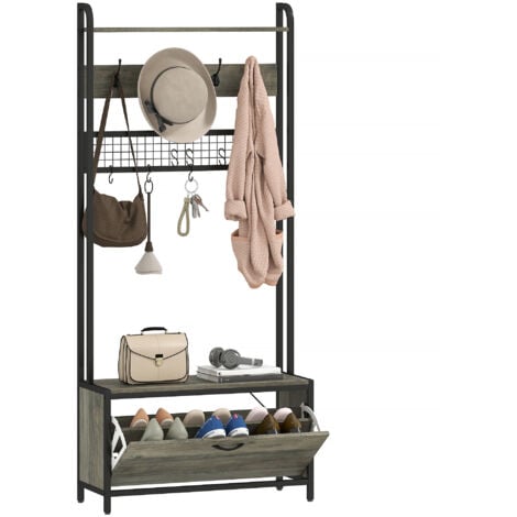 HOMCOM Industrial Hall Tree Coat Rack Stand with Shoe Cabinet Grey