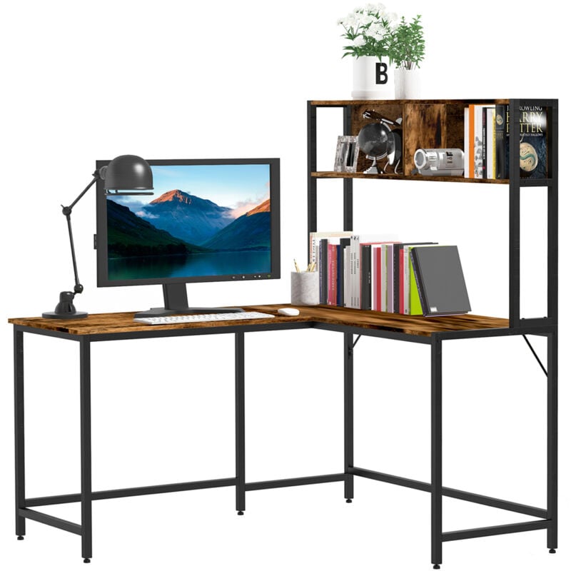 Homcom - Industrial L-Shaped Work Desk & Storage Shelf Steel Frame Adjustable Feet