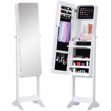 HOMCOM Joyero de Pie con Espejo Armario para Joyas Luces LED Reclinable Guardajoyas Anillos Pendientes Collares Madera 30x36x146cm Blanco