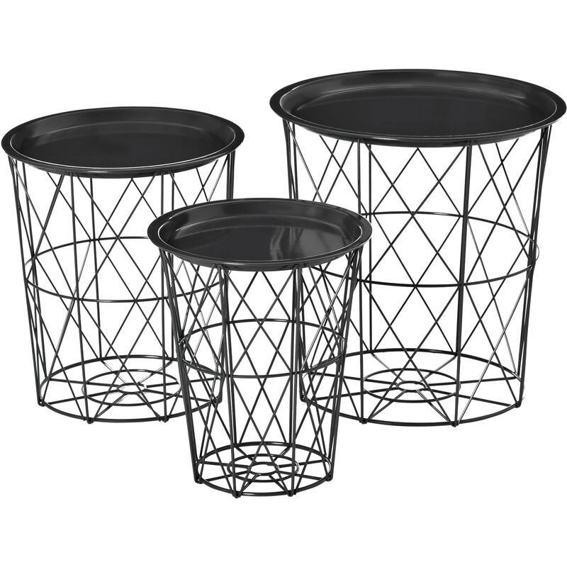 

Homcom - Juego de 3 Mesas Auxiliares Metal con Bandeja Extraíble y Espacio de Almacenamiento Estilo Moderno para Salón Sofá Diámetro Ø43 Ø35 y Ø30