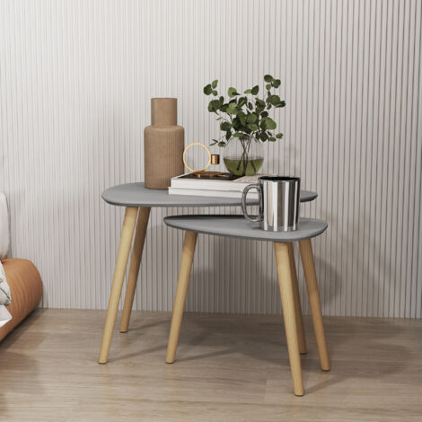 HOMCOM Juego de 2 Mesas Auxiliares Mesas Nido con Patas de Madera 59,5x39,5x45 cm y 44,5x28,5x40 cm Gris y Natural