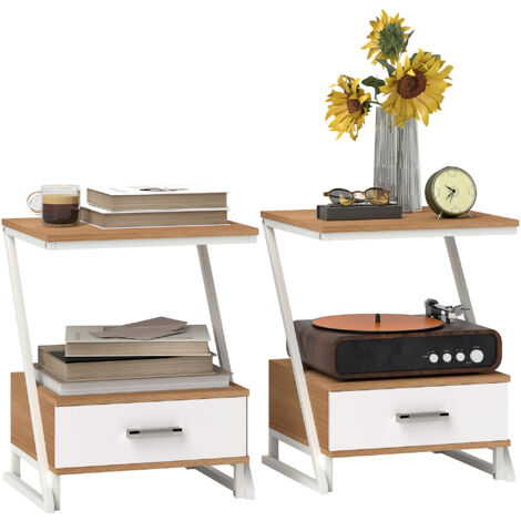HOMCOM juego de 2 mesas auxiliares para salón mesitas auxiliares en forma de Z con cajón y compartimento 40x35x50 cm madera natural