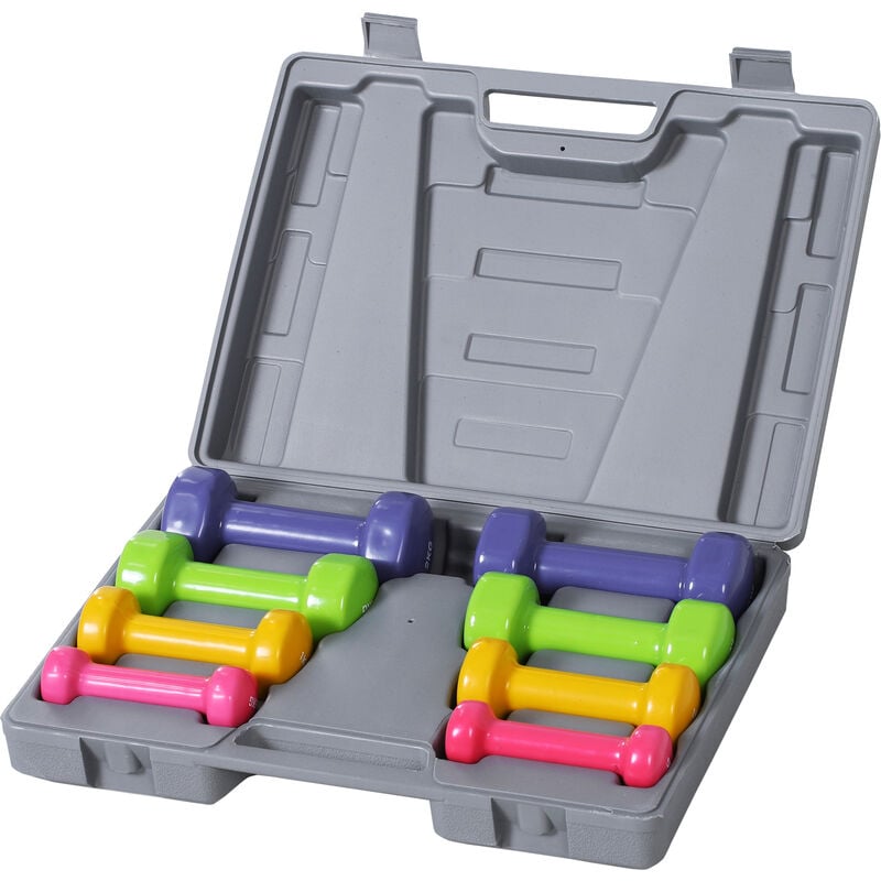 

Juego de 8 Mancuernas 4 Pares 0.5kg 1 kg 1.5 kg 2kg Caja Exterior Multicolor - rosado, amarillo, verde, púrpura, gris