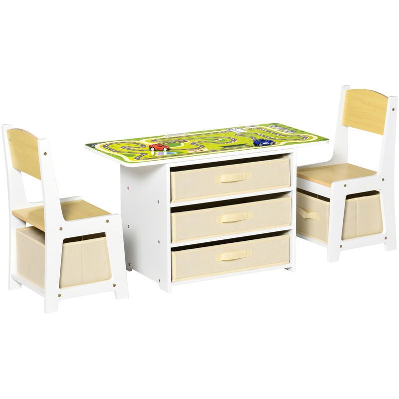 

Juego de Mesa y 2 Sillas Infantil de Madera con 5 Cajones Tejidos Mesa de Actividades 3 en 1 para Bloques de Construcción y con Mapa de Ruta - Madera