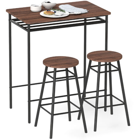 HOMCOM juego de mesa y taburetes de bar, mesa alta de cocina con 2 taburetes industrial, estante abierto, reposapiés, ahorro de espacio, marrón