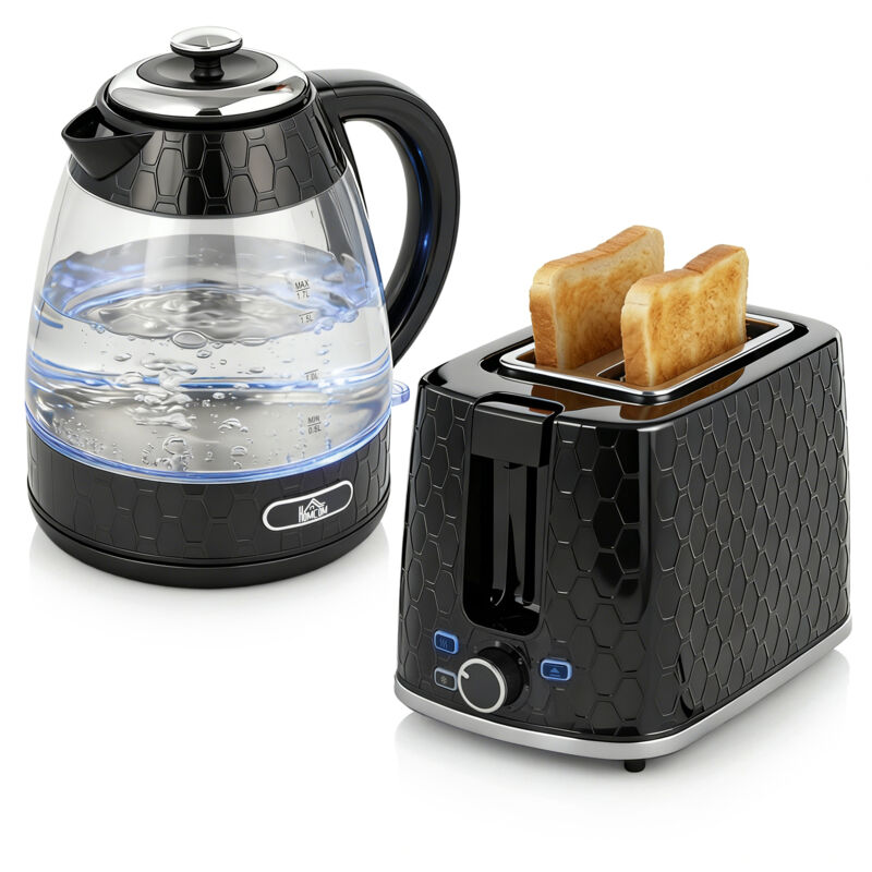 HOMCOM Kettle And Toaster Set With Limescale Filter, Crumb Tray, Black, Black