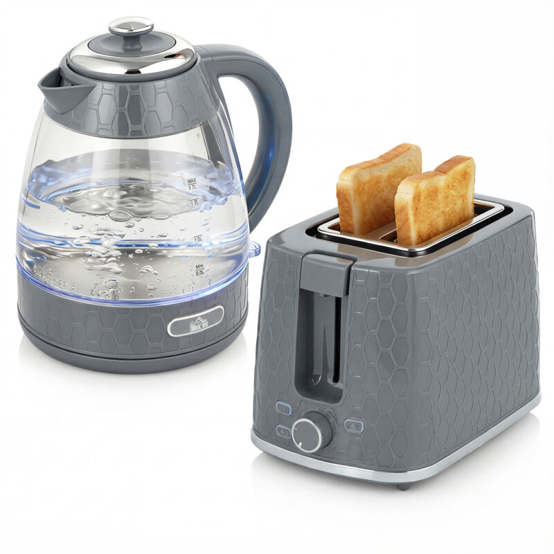 HOMCOM Kettle And Toaster Set With Limescale Filter, Crumb Tray, Grey, Grey