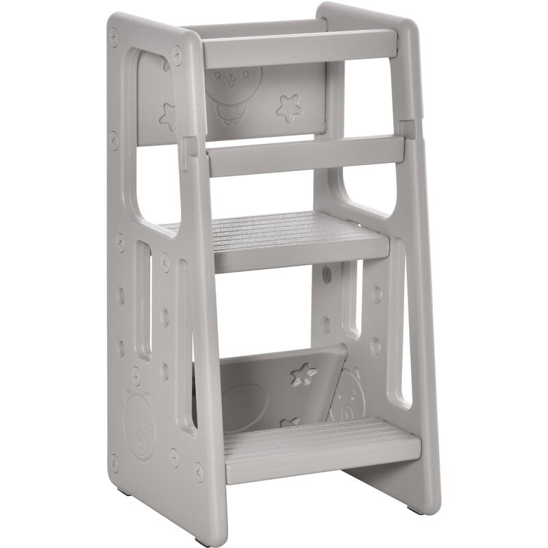 Homcom - Kids 90cm Adjustable 3-Step Stool Ladder Platform Toddler Kitchen Assistance Grey