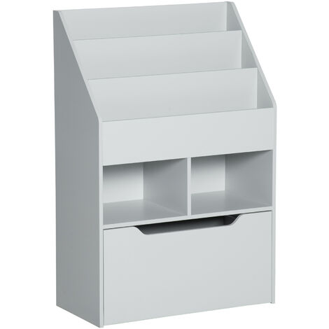 HOMCOM Kids Bookshelf Bookcase with Storage Drawer with Wheels Toy Organiser Grey