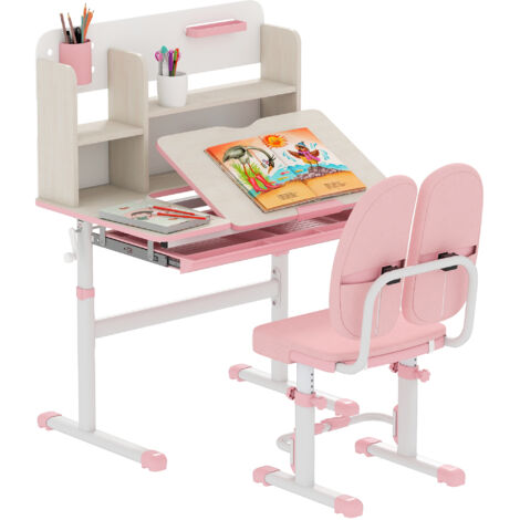 HOMCOM Kids Desk and Chair Set, Height Adjustable Study Table for 3-12 Years Pink