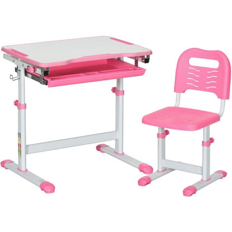 HOMCOM Kids Desk and Chair Set w/ Drawer, Pen Slot Hook - Pink - Pink