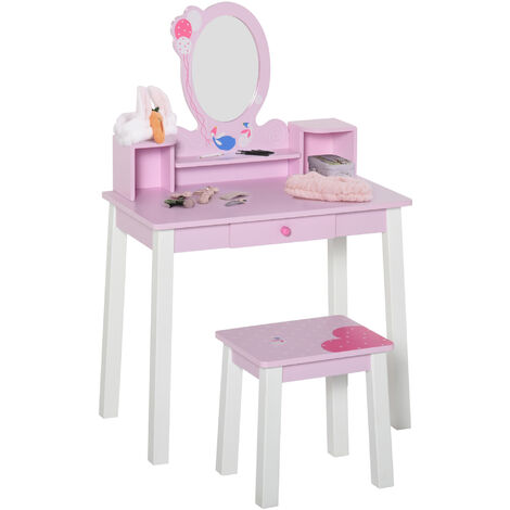 HOMCOM Kids Dressing Table and Stool Set Make Up Desk with Storage (Pink)