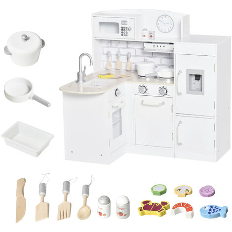 HOMCOM Kids Kitchen Play Kitchen Toy Set for Children w/ Drinking Fountain White