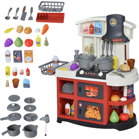 HOMCOM Kids Kitchen Playset w/ Lights Sounds Spray Sink Running Water