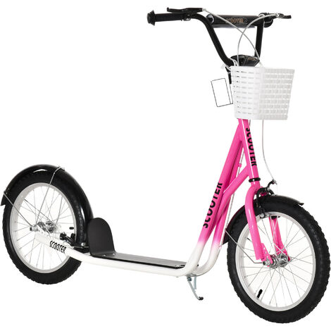 main image of "HOMCOM Kids Scooter Teen Ride On Children Scooter with Adjustable Handlebar 2 Brakes Basket Cupholder Mudguard 16" Inflatable Rubber Tyres for 5-12 years old Pink"