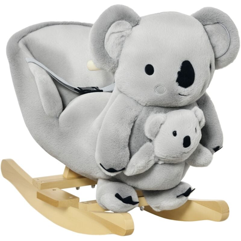 HOMCOM Kids Plush Ride-On Rocking Horse Koala-shaped Toy w/ Gloved Doll Grey