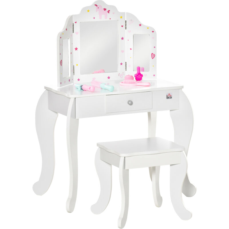 Kids Unicorn & Hearts Dressing Table & Stool Set | Vanity Make Up Desk White - Homcom