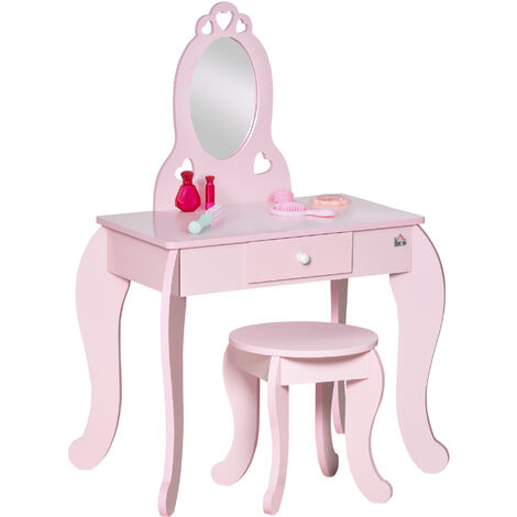 HOMCOM Kids Vanity Table & Stool Girls Dressing Set Make Up Desk with Mirror