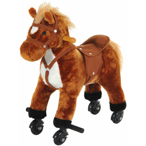 HOMCOM Kids Walking Horse Wooden Action Pony Wheeled Rocking Horse Plush Toy Brown
