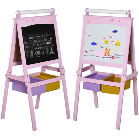 HOMCOM Kids Wooden Art Easel with Paper Roll Double-Sided Chalkboard, Whiteboard